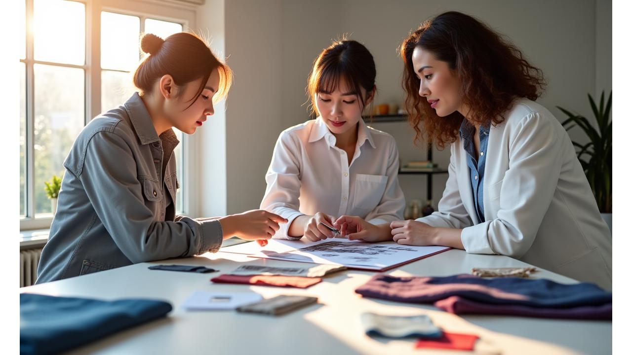 디자인 스튜디오에서 섬유 컨셉을 논의하는 전문가들